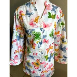 Vtg Butterfly AOP Tunic Top XL Grandma Colorful Fairy Button Up Boho 3/4 Sleeve